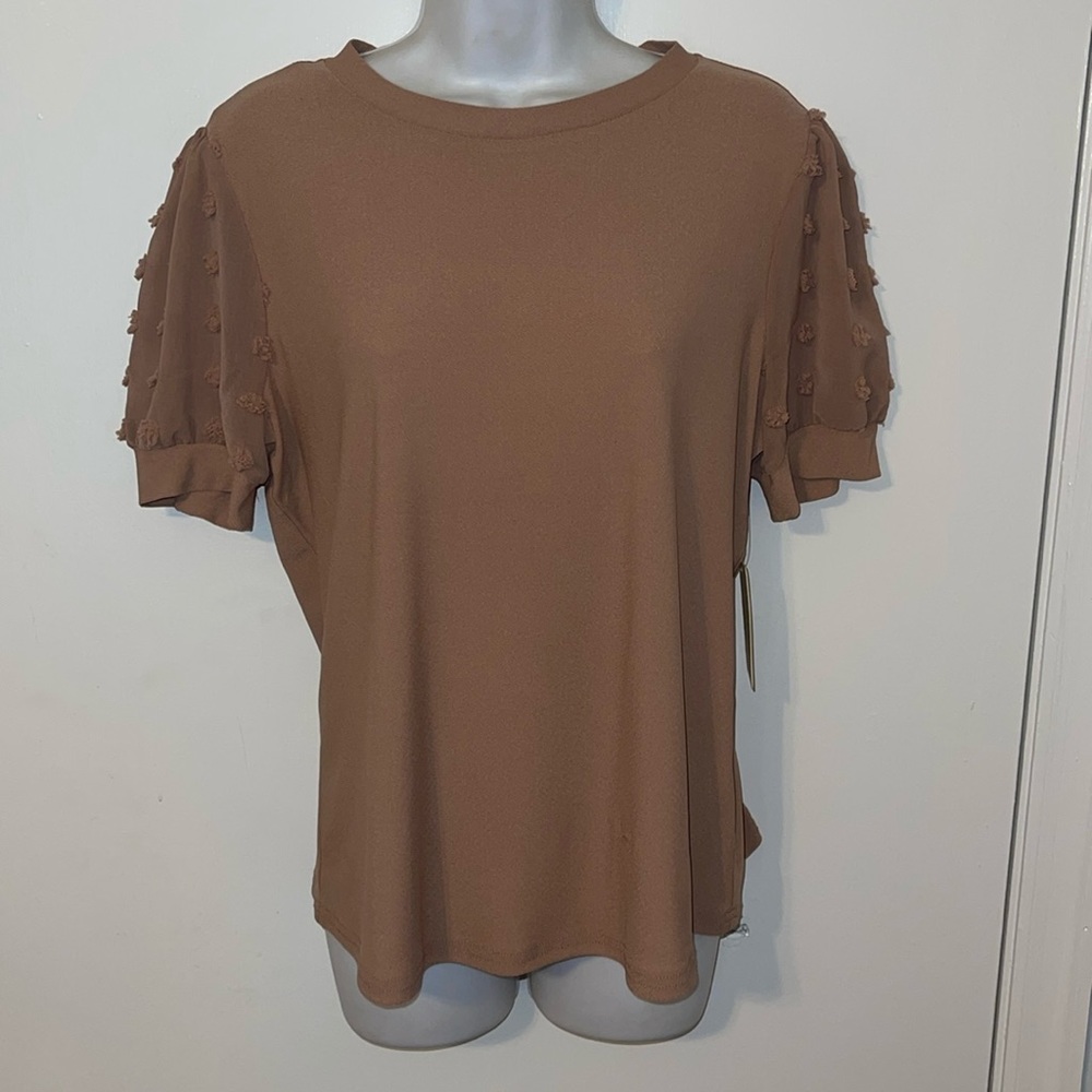 NWT Flower & Feather casual shirt puffy sleeves brown size M
